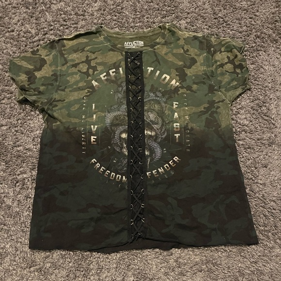 Affliction Tops - Women’s Affliction Green Camo Tee with Black Lace Detail